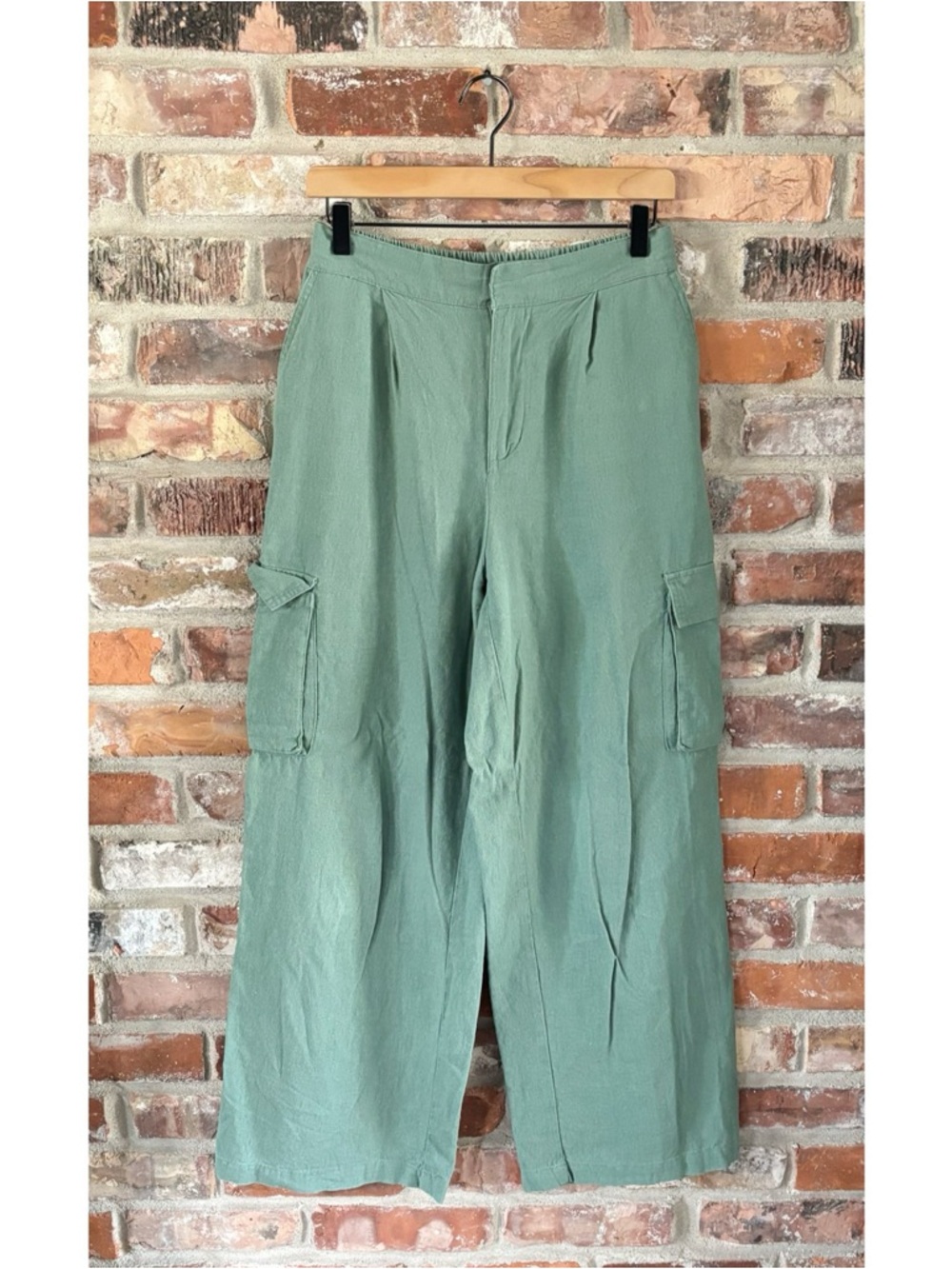 7 For All Mankind Green Linen Blend Wide Leg Cargo Pants, S